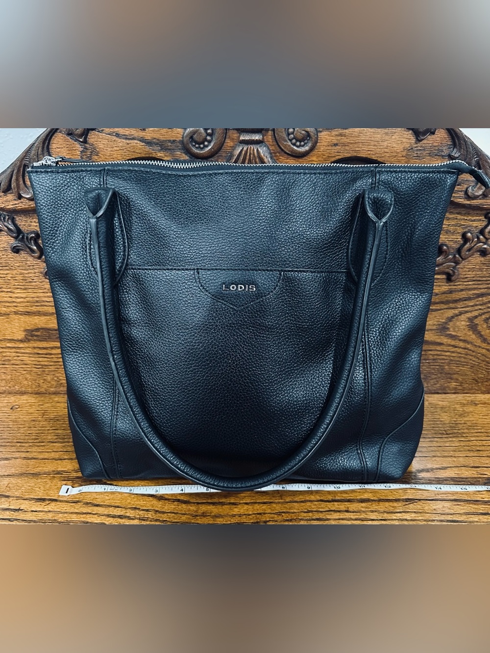 Black Leather Lodis Tote with Suitcase Trolly Sleeve EUC
